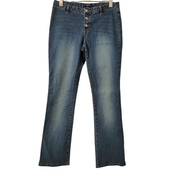 𝅺women's  Button Fly Jeans Mini Bootcut Low Rise Denim Dark Wash Size 8 - Picture 1 of 10